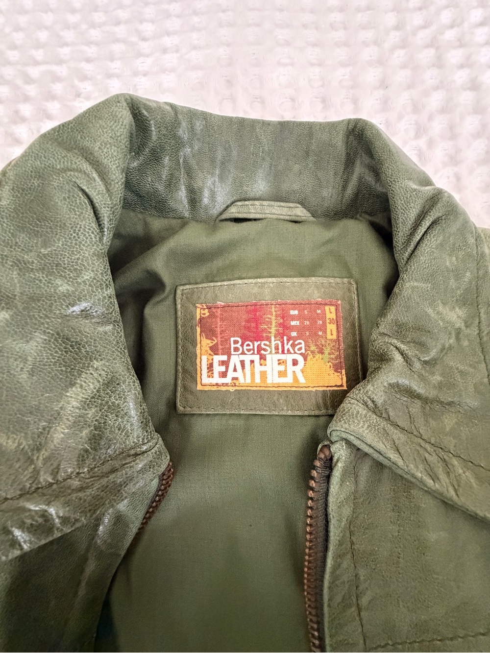 Bershka Army Green Leather Bomber Jacket